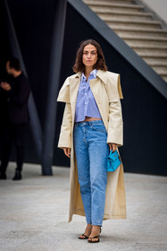 bag, beige coat, black sandals, blue bag, blue denim, blue jean, blue shirt, coat, denim, Erika Boldrin, hermes bag, jean, kelly bag, sandals, shirt, small bag, striped shirt, stripes, street style, jonathan paciullo, FW, frenchystyle, fashion week, PFW, PARIS, SPRING SUMMER 2022, SS 22, vertical, full length