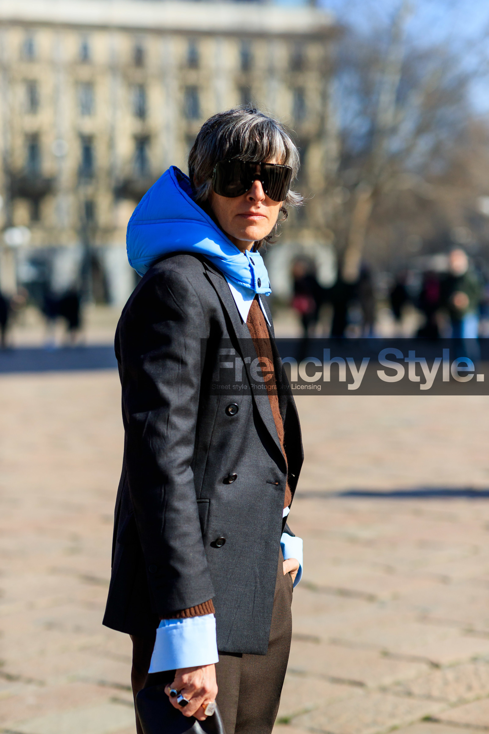 blazer, blue, brown pants, brown sweater, grey jacket, hood, rings, sunglasses, trousers, MILAN, MFW, fashion week, frenchystyle, FW, jonathan paciullo, street style, AUTUMN WINTER 2019-2020, AW 19-20, FALL WINTER 2019-2020, FW 19-20, vertical, atmosphere details, detail