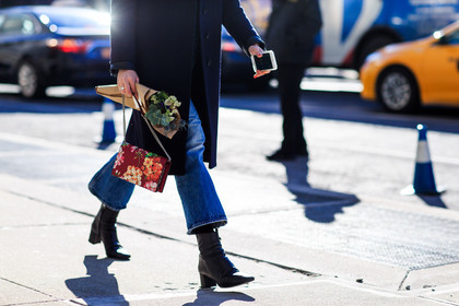 atmosphere details, AUTUMN WINTER 2016-2017, AW 16-17, black boots, blue denim, denim pants, detail, embroidered bag, fashion week, floral, flower, frenchystyle, FW, FW 16-17, horizontal, jeans, jonathan paciullo, leather boots, NEW YORK, NYFW, printed bag, red bag, street style, trousers, woman