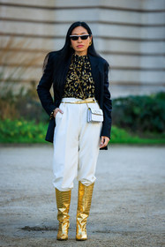 black sunglasses, navy blue blazer, floral shirt, golden belt, golden loops, white trousers, valentino bag, mini bag, crossbody bag, white bag, golden boots, fashion week, frenchystyle, FW, jonathan paciullo, street style, PARIS, PFW, SPRING SUMMER 2022, SS 22, full length, vertical