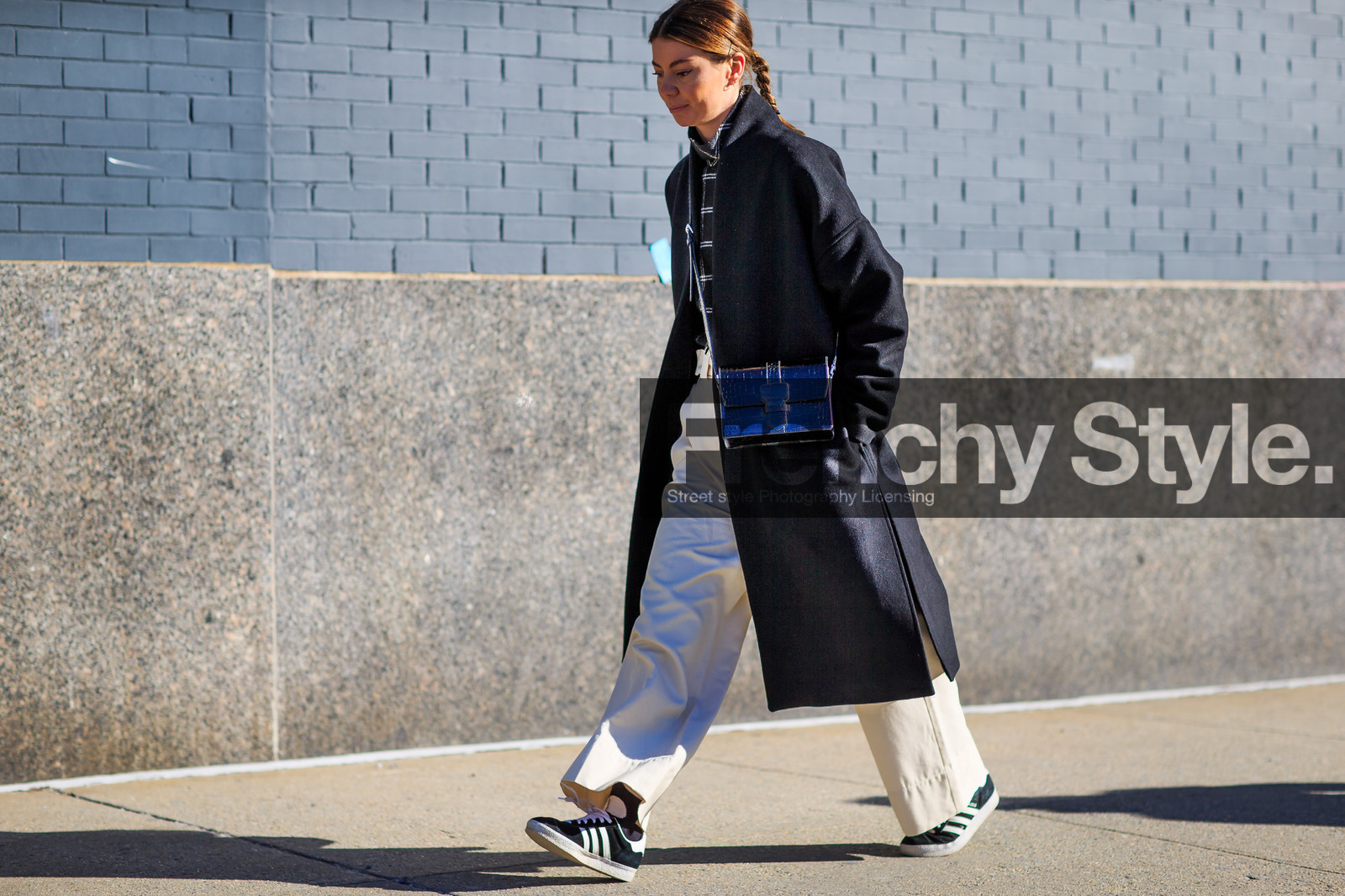 adidas, annina mislin, atmosphere details, AUTUMN WINTER 2016-2017, AW 16-17, beige, beige pants, black, black bag, black coat, black knit, black sneakers, black sweater, fashion week, frenchystyle, full length, FW, FW 16-17, high waist, horizontal, jonathan paciullo, leather bag, NEW YORK, NYFW, street style, striped sweater, suede shoes, wide pants, woman