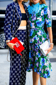 black bra, blue dress, blue jacket, blue pants, blue scarf, bracelet, floral, flowers, graphic jacket, graphic pants, green dress, gucci, leather bag, printed jacket, printed pants, red bag, trousers, viktoria rader, watch, white bag, fashion week, frenchystyle, FW, jonathan paciullo, street style, MFW, MILAN, SPRING SUMMER 2019, SS 19, vertical, atmosphere details, detail