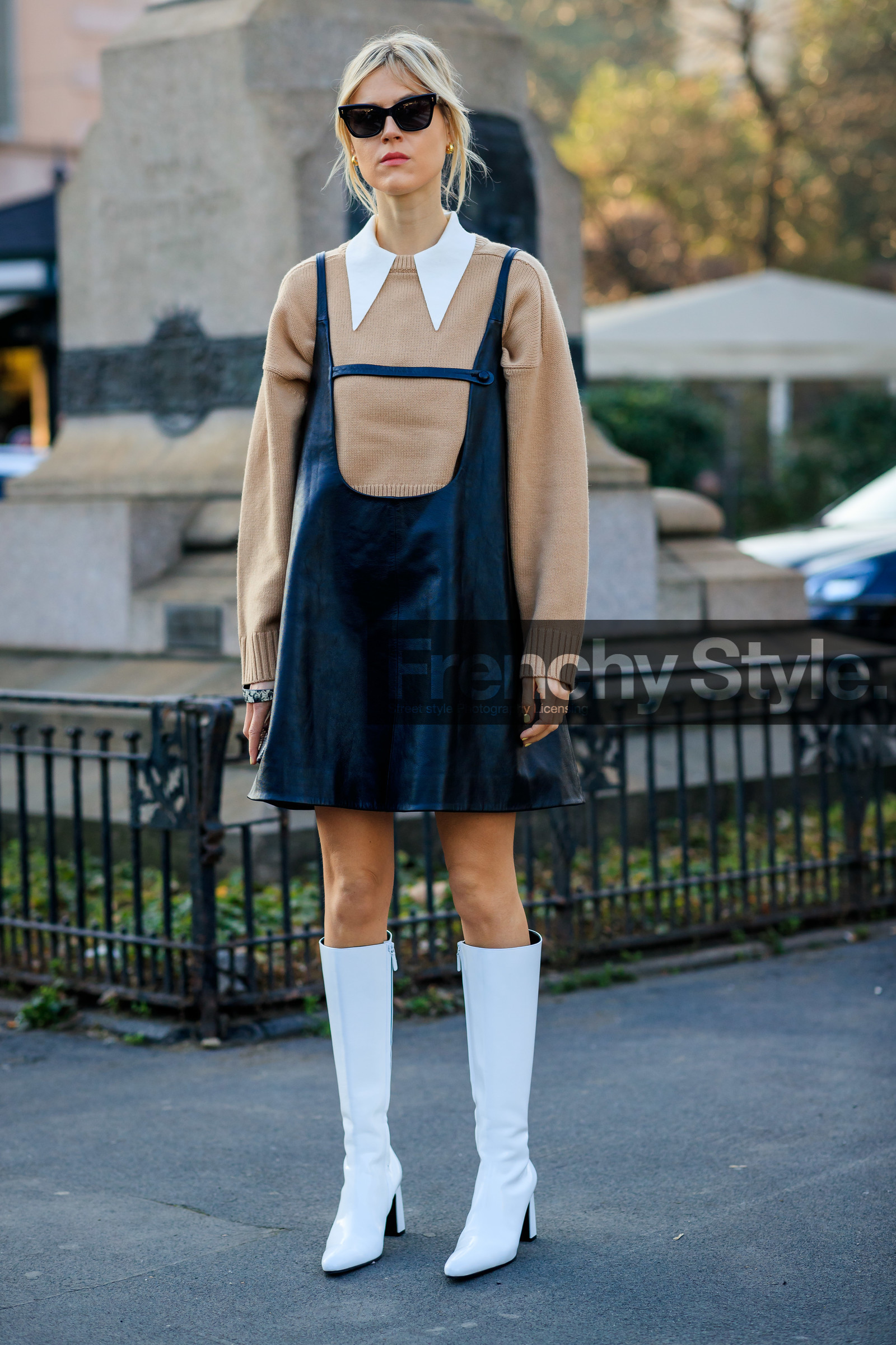 black dress, camel sweater, high boots, high heels, leather dress, leather shoes, linda tol, sunglasses, white shoes, MILAN, MFW, fashion week, frenchystyle, FW, jonathan paciullo, street style, AUTUMN WINTER 2019-2020, AW 19-20, FALL WINTER 2019-2020, FW 19-20, vertical, full length