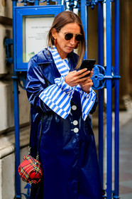 atmosphere details, balenciaga, blue coat, blue denim, blue shirt, denim pants, detail, earrings, fashion week, frenchystyle, FW, geometric, graphic bag, graphic shirt, jeans, jonathan paciullo, leather bag, leather coat, LFW, loewe, LONDON, polka dot, printed bag, printed shirt, raincoat, red bag, SPRING SUMMER 2018, SS 18, street style, striped shirt, tartan, trousers, vertical