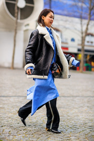 black bag, black pants, black shoes, blue shirt, brown jacket, fur jacket, geometric, graphic dress, graphic shirt, high heels, leather bag, leather jacket, leather shoes, printed dress, printed shirt, shearling, shirt dress, striped dress, striped shirt, stripes, trousers, fashion week, frenchystyle, FW, jonathan paciullo, street style, PFW, PARIS, SPRING SUMMER 2017, SS 17, HAUTE COUTURE, vertical, full length
