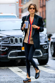 beige cardigan, black jacket, black leggings, black shoes, blazer, clogs, leandra medine, leather shoes, necklace, pearls, sunglasses, trousers, street style, jonathan paciullo, FW, frenchystyle, fashion week, NYFW, NEW YORK, SPRING SUMMER 2019, SS 19, vertical, full length