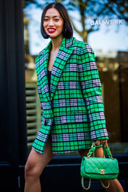 bag, blazer, chanel bag, checked blazer, color, fluo green blazer, green bag, green blazer, print, quilted bag, Tiffany Hsu, street style, jonathan paciullo, FW, frenchystyle, fashion week, PFW, PARIS, SPRING SUMMER 2022, SS 22, vertical, atmosphere details