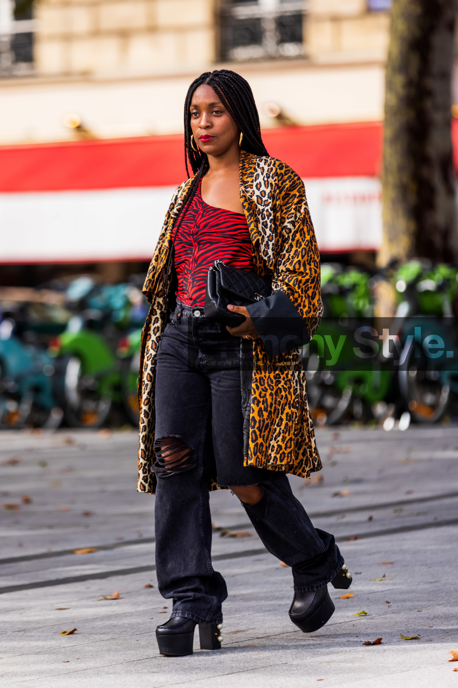 animal prints, bag, black bag, black boots, body, boots, camel coat, chanel bag, coat, denim, destroyed denim, grey denim, leopard coat, leopard print, plateforme boots, printed body, Rajni Lucienne Jacques, red body, zebra print, fashion week, frenchystyle, FW, jonathan paciullo, street style, PFW, PARIS, SPRING SUMMER 2022, SS 22, vertical, full length
