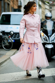 black and white shoes, cowboy boots, embroideries, graphic skirt, leather shoes, pink jacket, pink skirt, printed skirt, tulle, MILAN, MFW, fashion week, frenchystyle, FW, jonathan paciullo, street style, AUTUMN WINTER 2019-2020, AW 19-20, FALL WINTER 2019-2020, FW 19-20, vertical, full length