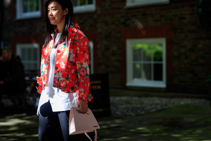 atmosphere details, black pants, black shorts, detail, fashion week, floral, flowers, frenchystyle, FW, horizontal, jacquemus, jonathan paciullo, leather bag, LFW, LONDON, pink bag, printed jacket, red jacket, SPRING SUMMER 2018, SS 18, street style, white shirt