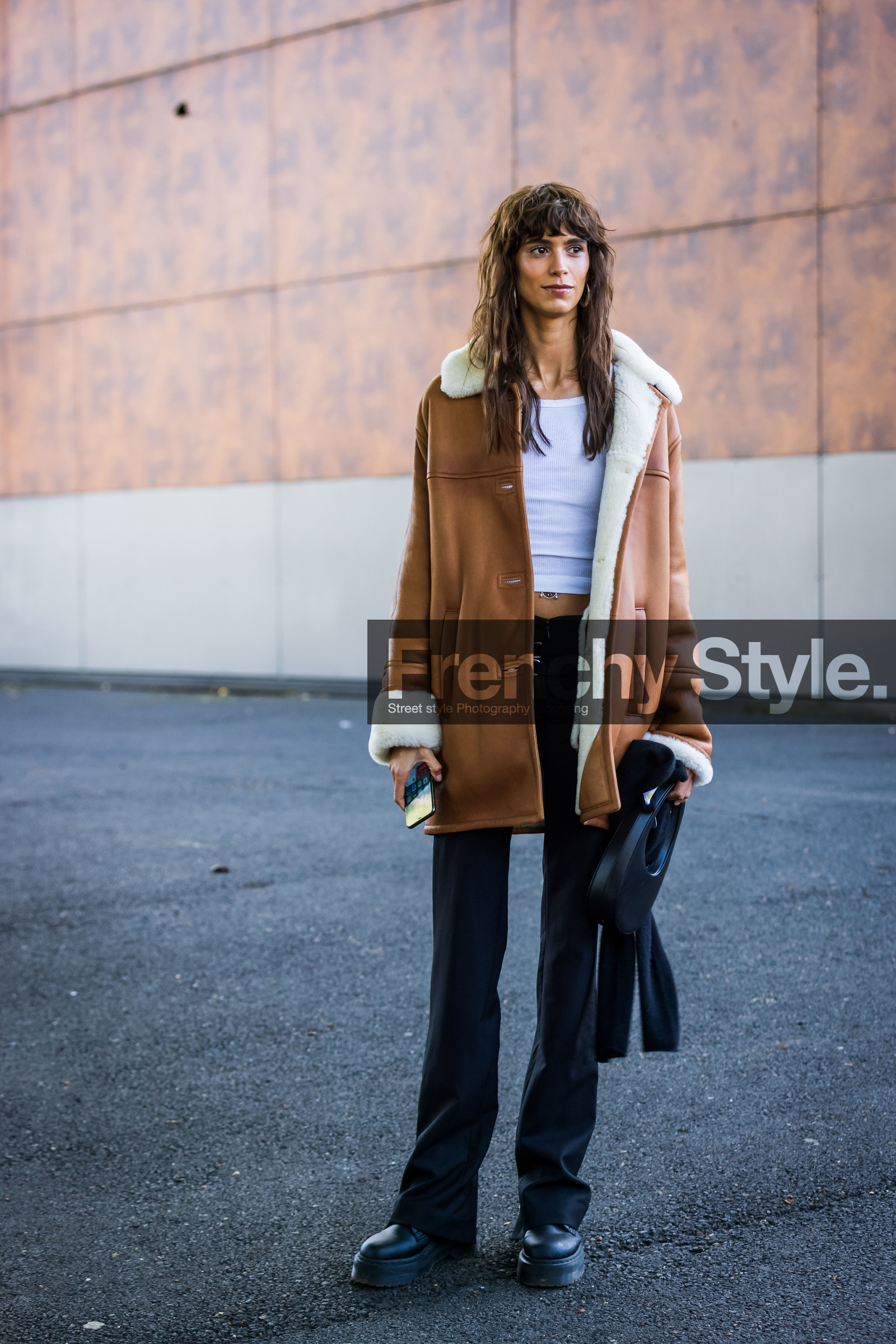 bag, black bag, black boots, black pants, boots, camel coat, coat, leather coat, Mica Arganaraz, pants, top, white top, street style, jonathan paciullo, FW, frenchystyle, fashion week, PFW, PARIS, SPRING SUMMER 2022, SS 22, vertical, full length, model