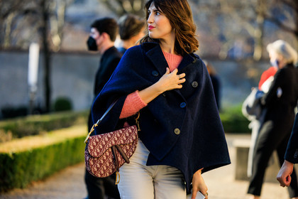 red lips, pink jumper, blue cape, white pants, saddle bag, dior bag, burgundy bag, monogram bag, classic style, ring, golden loop earrings, fashion week, frenchystyle, FW, jonathan paciullo, street style, PARIS, PFW, SPRING SUMMER 2022, SS 22, atmosphere details, detail, horizontal, jeanne damas