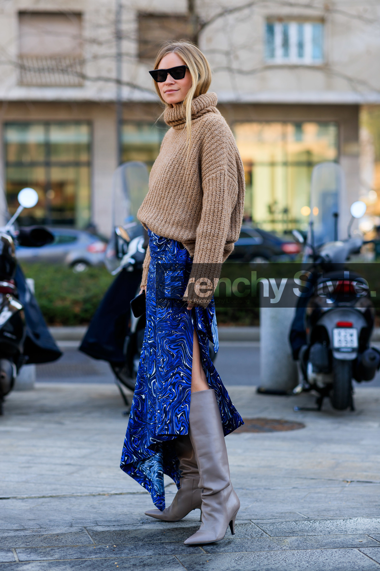 beige sweater, blue skirt, floral, flowers, graphic skirt, grey boots, high boots, high heels, leather shoes, printed skirt, sportmax, sunglasses, turtleneck sweater, MILAN, MFW, fashion week, frenchystyle, FW, jonathan paciullo, street style, AUTUMN WINTER 2019-2020, AW 19-20, FALL WINTER 2019-2020, FW 19-20, vertical, full length