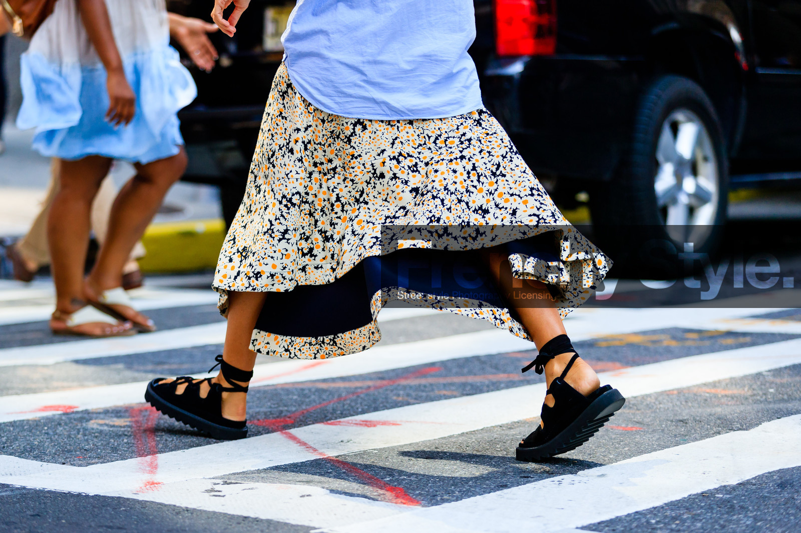atmosphere details, black sandals, blue shirt, céline, detail, fashion week, floral, flower, frenchystyle, FW, horizontal, jonathan paciullo, lace up shoes, NEW YORK, NYFW, open toe, printed skirt, SPRING SUMMER 2017, SS 17, street style, suede shoes, woman