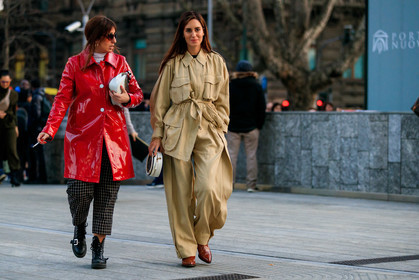 beige pants, beige shirt, black and white bag, black pants, black shoes, brown boots, chanel handbag, gala gonzalez, graphic bag, leather bag, leather shoes, printed bag, red coat, sunglasses, trousers, white bag, fashion week, frenchystyle, FW, jonathan paciullo, street style, MFW, MILAN, AUTUMN WINTER 2019-2020, AW 19-20, FALL WINTER 2019-2020, FW 19-20, atmosphere details, full length, horizontal
