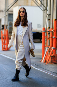 erika boldrin, light beige jacket, light beige pants, light beige suits, white t-shirt, long jacket, aviator sunglasses, metalic frame sunglasses, black leather boots, flat boots, laced boots, leopard printed clutch, fashion week, frenchystyle, FW, jonathan paciullo, street style, FALL WINTER 2020-2021, AUTUMN WINTER 2020-2021, FW 20-21, vertical, full length, NYFW, NEW YORK