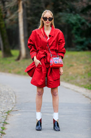 black shoes, graphic bag, high heels, leather bag, leather shoes, leonie hanne, louis vuitton, printed bag, red bag, red jacket, red shorts, sunglasses, white shoes, MILAN, MFW, fashion week, frenchystyle, FW, jonathan paciullo, street style, AUTUMN WINTER 2019-2020, AW 19-20, FALL WINTER 2019-2020, FW 19-20, vertical, full length