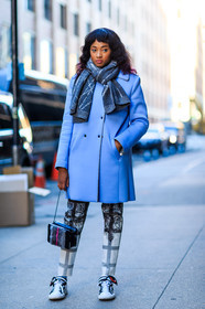 AUTUMN WINTER 2016-2017, AW 16-17, black bag, blue coat, checked pants, fashion week, frenchystyle, full length, fur bag, FW, FW 16-17, geometric, graphic pants, grey scarf, jonathan paciullo, leather sneakers, NEW YORK, NYFW, pierre hardy, printed pants, street style, vertical, white pants, white sneakers, woman
