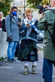 blue jacket, blue tie, boots, checked jacket, checked skirt, green skirt, jacket, khaki boots, patchwork, print, printed jacket, printed skirt, printed tie, ruggles, shirt, skirt, smartphone, sock, tartan skirt, tie, white shirt, fashion week, frenchystyle, FW, jonathan paciullo, street style, PFW, PARIS, SPRING SUMMER 2022, SS 22, vertical, atmosphere details
