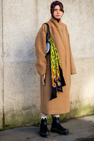 beige jacket, black and white bag, black scarf, black shoes, camel coat, headscarf, leather bag, leather shoes, marine serre, molly and reese blustein, prada, yellow scarf, fashion week, frenchystyle, FW, jonathan paciullo, street style, PFW, PARIS, AUTUMN WINTER 2019-2020, AW 19-20, FALL WINTER 2019-2020, FW 19-20, vertical, full length