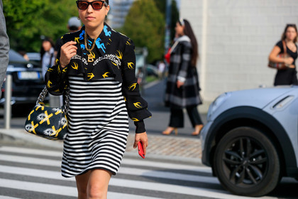 sarah brody, prada bag, black leather bag, hand bag, yellow leather bag, printed bag, chain strap bag, miu miu dress, striped dress, black and white dress, strassed dress, layered dress, long sleeves dress, printed dress, animal print dress, celine necklace, initials necklace, golden necklace, fashion week, frenchystyle, FW, jonathan paciullo, street style, MFW, MILAN, SPRING SUMMER 2020, SS 20