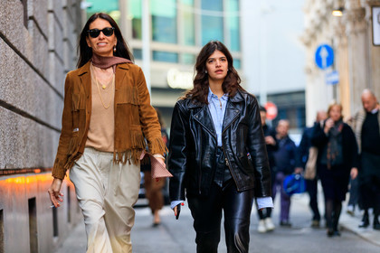 beige pants, beige sweater, black jacket, black pants, black perfecto, blue shirt, brown jacket, fringes, leather jacket, leather pants, leather perfecto, necklace, suede jacket, sunglasses, trousers, MILAN, MFW, fashion week, frenchystyle, FW, jonathan paciullo, street style, AUTUMN WINTER 2019-2020, AW 19-20, FALL WINTER 2019-2020, FW 19-20, atmosphere details, detail, horizontal