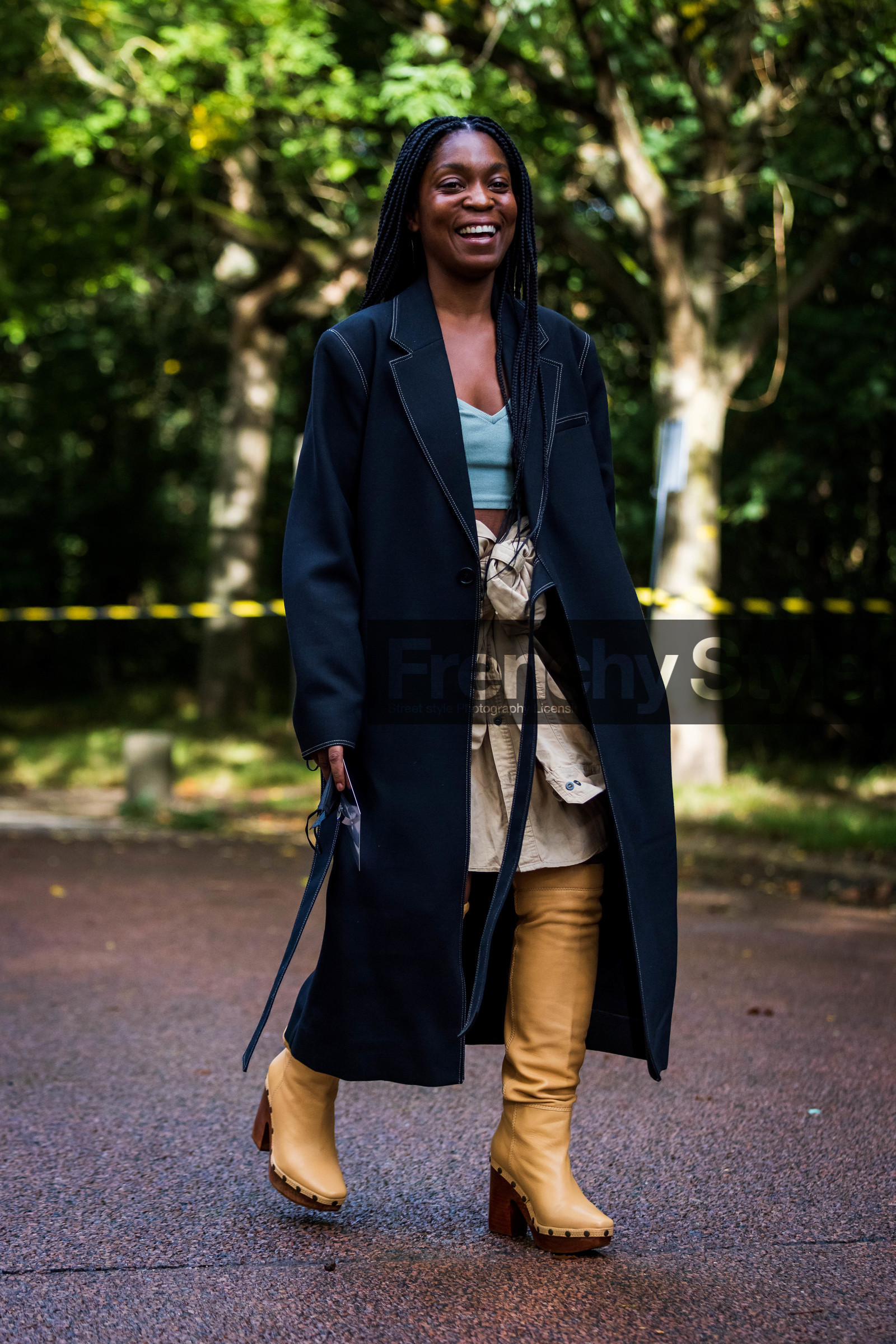 beige skirt, black coat, blue crop top, boots, camel boots, coat, crop top, high boots, leather boots, Rajni Lucienne Jacques, skirt, street style, jonathan paciullo, FW, frenchystyle, fashion week, PFW, PARIS, SPRING SUMMER 2022, SS 22, vertical, full length