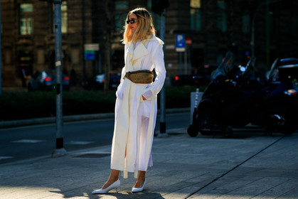 fanny pack, leather bag, leather shoes, see through, sunglasses, white dress, white shoes, MILAN, MFW, fashion week, frenchystyle, FW, jonathan paciullo, street style, AUTUMN WINTER 2019-2020, AW 19-20, FALL WINTER 2019-2020, FW 19-20, atmosphere details, full length, horizontal