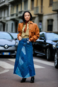 beige shirt, black shoes, blue denim, brown sweater, camel jacket, denim skirt, graphic skirt, leather jacket, leather shoes, printed skirt, yoyo cao, MILAN, MFW, fashion week, frenchystyle, FW, jonathan paciullo, street style, AUTUMN WINTER 2019-2020, AW 19-20, FALL WINTER 2019-2020, FW 19-20, vertical, full length