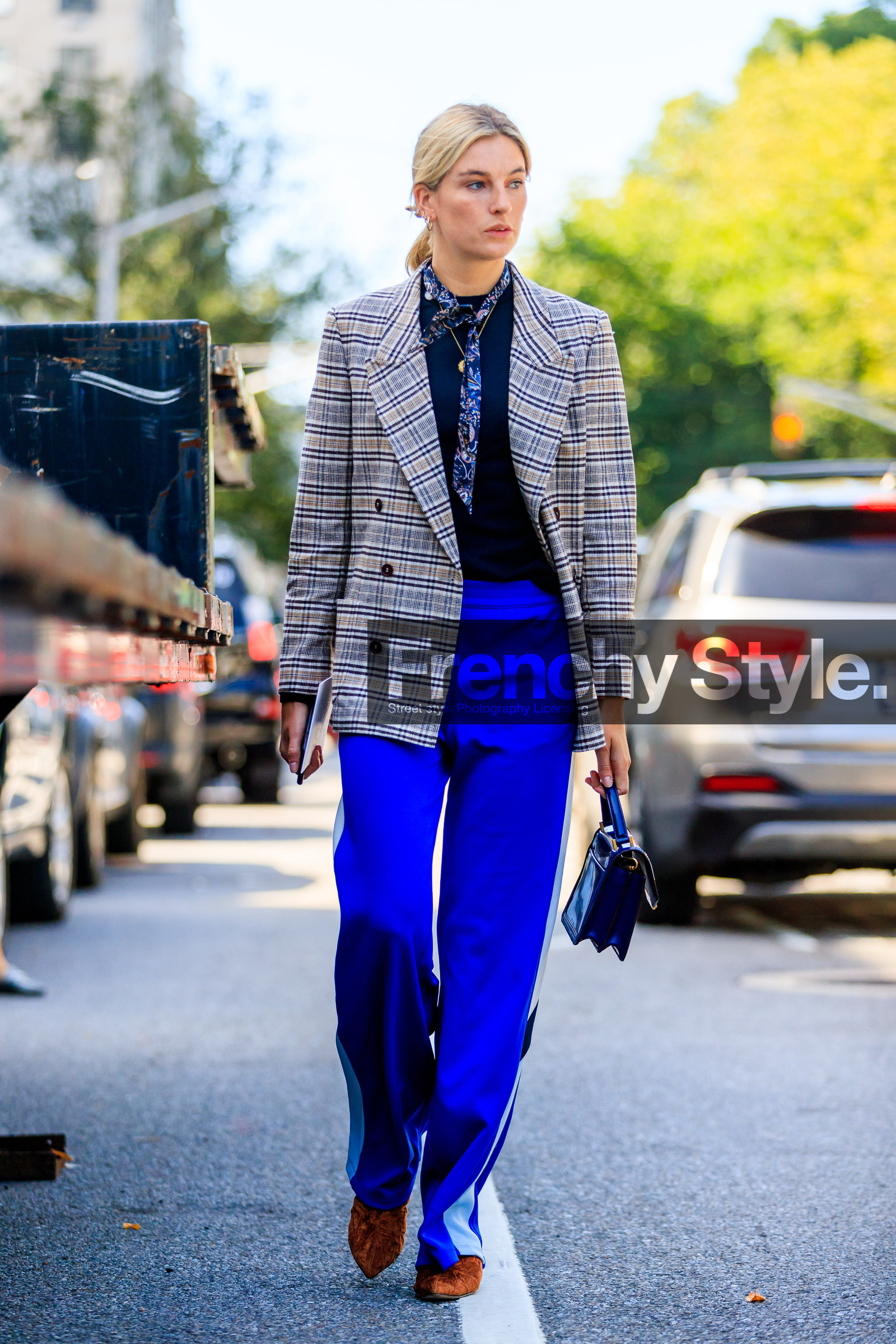 black sweater, blazer, blue bag, blue pants, brown jacket, brown shoes, camille charriere, checked jacket, fashion week, frenchystyle, full length, FW, graphic jacket, jonathan paciullo, leather bag, NEW YORK, NYFW, plaid, printed scarf, SPRING SUMMER 2018, SS 18, street style, suede bag, trousers, vertical