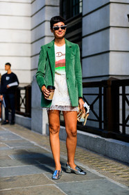 beige bag, blazer, corduroy, embroidered skirt, eva geraldine fontanelli, feathers, green jacket, leather bag, leather shoes, printed t shirt, silver shoes, sunglasses, white skirt, white t shirt, fashion week, frenchystyle, FW, jonathan paciullo, street style, LFW, LONDON, SPRING SUMMER 2019, SS 19, vertical, full length