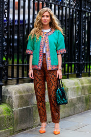 emili sindlev, green jacket, short sleeves jacket, tweed jacket, gucci jacket, checked jacket, navy blue jacket, red jacket, green bag, fishnet bag, shopping bag, hand bag, camel leather pants, brown leather pants, animal skin pants, orange shoes, ankle bracelet, strassed shoes, rolex watch, golden watch, silvered watch, prada bag, satin bag, fashion week, frenchystyle, FW, jonathan paciullo, street style, LFW, LONDON, AUTUMN WINTER 2020-2021, FALL WINTER 2020-2021, FW 20-21, vertical, full length