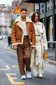 alice & j.s, brown pants, camel jacket, checked, fur collar, graphic pants, leather shoes, plaid, printed pants, shearling, stripes, trousers, white coat, white pants, white shirt, white shoes, white sneakers, white t shirt, yellow bag, MILAN, MFW, fashion week, frenchystyle, FW, jonathan paciullo, street style, AUTUMN WINTER 2019-2020, AW 19-20, FALL WINTER 2019-2020, FW 19-20, vertical, full length