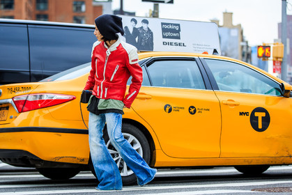 atmosphere details, AUTUMN WINTER 2016-2017, AW 16-17, biker jacket, black beanie, blue denim, denim pants, fashion week, frenchystyle, full length, FW, FW 16-17, horizontal, jeans, jonathan paciullo, leather jacket, NEW YORK, NYFW, red jacket, street style, woman