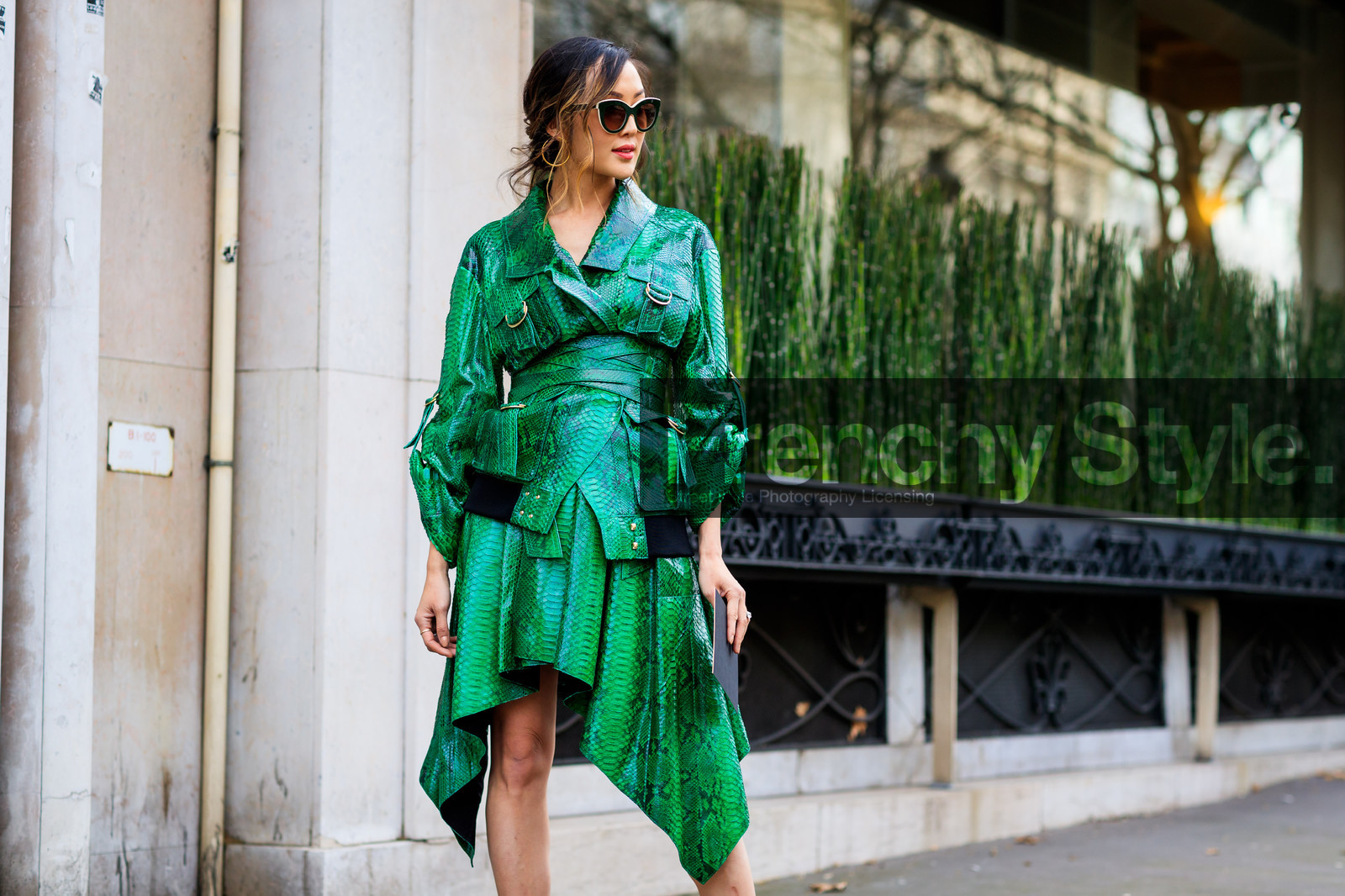 atmosphere details, AUTUMN WINTER 2017-2018, AW 17-18, Chriselle Lim, detail, FALL WINTER 2017-2018, fashion week, frenchystyle, FW, FW 17-18, green jacket, green skirt, horizontal, jonathan paciullo, leather jacket, leather skirt, PARIS, PFW, snake print, street style, sunglasses, tone on tone, total look green