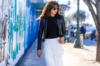 atmosphere details, AUTUMN WINTER 2016-2017, AW 16-17, black jacket, black perfecto, detail, fashion week, frenchystyle, FW, FW 16-17, horizontal, jonathan paciullo, leather jacket, leather perfecto, long skirt, NEW YORK, NYFW, pleated skirt, street style, sunglasses, white skirt, woman
