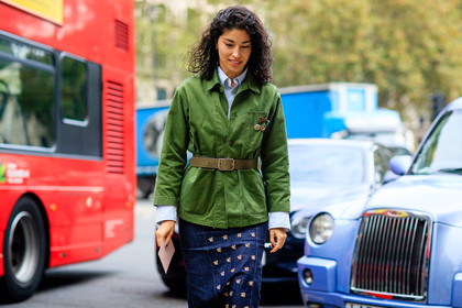 atmosphere details, blue denim, caroline issa, denim skirt, detail, embroidered skirt, fashion week, frenchystyle, FW, green belt, green jacket, horizontal, jonathan paciullo, leather belt, leather shoes, LFW, LONDON, pins, SPRING SUMMER 2017, SS 17, street style, woman