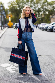 blue bag, blue jacket, blue jean, denim, dior bag, dior print, flare denim, jean, logo print, navy bra, navy shirt, oversize bag, plumetis shirt, print, printed bag, red lips, Sarah Mikaela, shirt, totebag, transparent shirt, white sandals, zipped jacket, street style, jonathan paciullo, FW, frenchystyle, fashion week, PFW, PARIS, SPRING SUMMER 2022, SS 22, vertical, full length