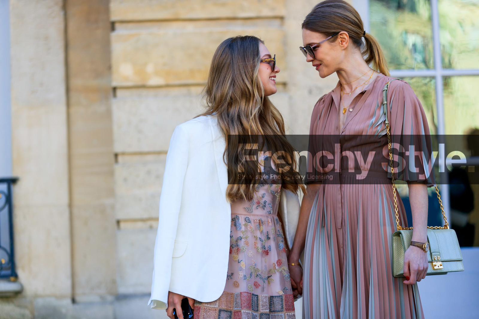 blazer, christian dior, embroidered dress, floral, flowers, graphic dress, green bag, leather bag, natalia vodianova, over the shoulder, pink dress, pleated dress, printed dress, sunglasses, white jacket, fashion week, frenchystyle, FW, jonathan paciullo, street style, PFW, PARIS, AUTUMN WINTER 2019-2020, AW 19-20, FALL WINTER 2019-2020, FW 19-20, horizontal, atmosphere details, detail