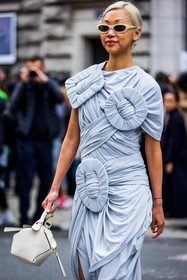 bag, blue dress, dress, leather bag, loewe look, long dress, statement dress, sunglasses, Vanessa Hong, white bag, white sunglasses, wrap dress, street style, jonathan paciullo, FW, frenchystyle, fashion week, PFW, PARIS, SPRING SUMMER 2022, SS 22, vertical, atmosphere details