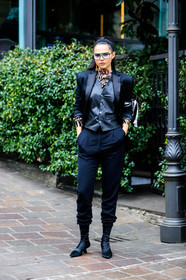 black jacket, black pants, black shoes, black top, blazer, doina ciobanu, earrings, headband, leather shoes, leather top, ponytail, sunglasses, tone on tone, total look black, trousers, MILAN, MFW, fashion week, frenchystyle, FW, jonathan paciullo, street style, AUTUMN WINTER 2019-2020, AW 19-20, FALL WINTER 2019-2020, FW 19-20, vertical, full length