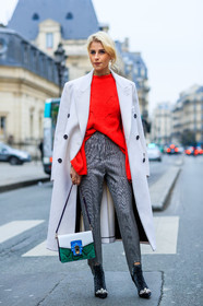 black shoes, checked pants, embroidered bag, embroidered shoes, graphic bag, grey pants, high heels, leather bag, leather shoes, multicolor bag, over the shoulder, overcoat, pearls, red sweater, shiny shoes, shiny socks, snake print, stir pants, trousers, turquoise, white coat, fashion week, frenchystyle, FW, jonathan paciullo, street style, PFW, PARIS, SPRING SUMMER 2017, SS 17, HAUTE COUTURE, vertical, full length, caro daur