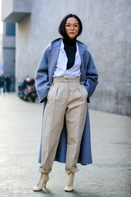 beige boots, beige pants, black turtleneck, céline, grey coat, high heels, leather shoes, sunglasses, trousers, white shirt, yoyo cao, fashion week, frenchystyle, FW, jonathan paciullo, street style, MFW, MILAN, AUTUMN WINTER 2019-2020, AW 19-20, FALL WINTER 2019-2020, FW 19-20, vertical, full length