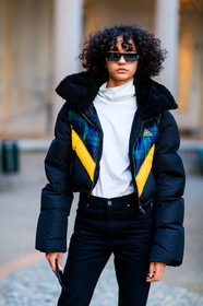 black denim, black jacket, denim pants, down jacket, jeans, sunglasses, trousers, turtleneck sweater, white sweater, fashion week, frenchystyle, FW, jonathan paciullo, street style, MFW, MILAN, AUTUMN WINTER 2018-2019, FALL WINTER 2018-2019, FW 18-19, vertical, detail, atmosphere details, model, fernanda oliveira