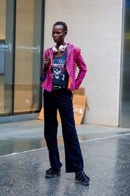 black belt, black pants, black sandals, black shoes, black t shirt, checked, corduroy, fur shoes, graphic jacket, headphones, leather belt, leather shoes, model, plaid, printed jacket, printed t shirt, red jacket, trousers, street style, jonathan paciullo, FW, frenchystyle, fashion week, NYFW, NEW YORK, SPRING SUMMER 2019, SS 19, vertical, full length