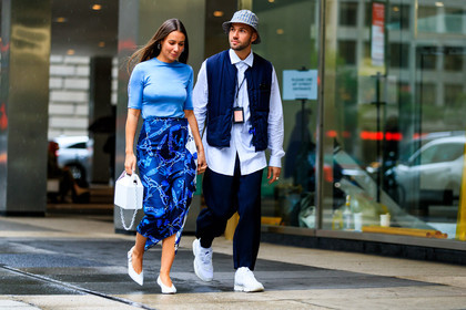 alice & j.s, beige hat, blue jacket, blue skirt, blue t shirt, corduroy, graphic skirt, leather bag, leather shoes, navy pants, printed hat, printed skirt, sleeveless, trousers, vest, white bag, white shirt, white shoes, white sneakers, street style, jonathan paciullo, FW, frenchystyle, fashion week, NYFW, NEW YORK, SPRING SUMMER 2019, SS 19, atmosphere details, horizontal, full length