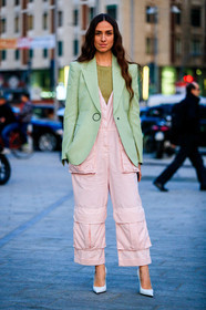 blazer, erika boldrin, green jacket, green sweater, high heels, leather shoes, pink jumpsuit, trousers, white shoes, fashion week, frenchystyle, FW, jonathan paciullo, street style, MFW, MILAN, AUTUMN WINTER 2019-2020, AW 19-20, FALL WINTER 2019-2020, FW 19-20, vertical, full length