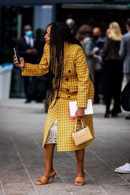 bag, balenciaga coat, beige bag, beige mules, beige sandals, check, coat, color, fluo pink, mules, print, printed coat, sandals, Shiona Turini, tartan coat, telfar bag, yellow coat, PARIS, PFW, fashion week, frenchystyle, FW, jonathan paciullo, street style, SPRING SUMMER 2022, SS 22, vertical, full length