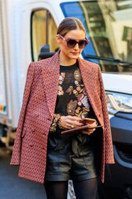 black shorts, black top, blazer, bracelet, embroidered top, embroideries, graphic jacket, leather shorts, olivia palermo, over the shoulder, printed jacket, red jacket, sunglasses, MILAN, MFW, fashion week, frenchystyle, FW, jonathan paciullo, street style, AUTUMN WINTER 2019-2020, AW 19-20, FALL WINTER 2019-2020, FW 19-20, vertical, atmosphere details, detail