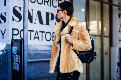 black bag, brown fur, fur jacket, leather backpack, leather bag, short hair, sunglasses, trousers, fashion week, frenchystyle, FW, jonathan paciullo, street style, NYFW, NEW YORK, AUTUMN WINTER 2018-2019, AW 18-19, FALL WINTER 2018-2019, FW 18-19, atmosphere details, horizontal, detail, model